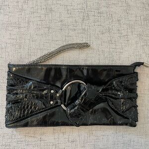 Simon Chang black patent wristlet clutch with silver hardware and croc print